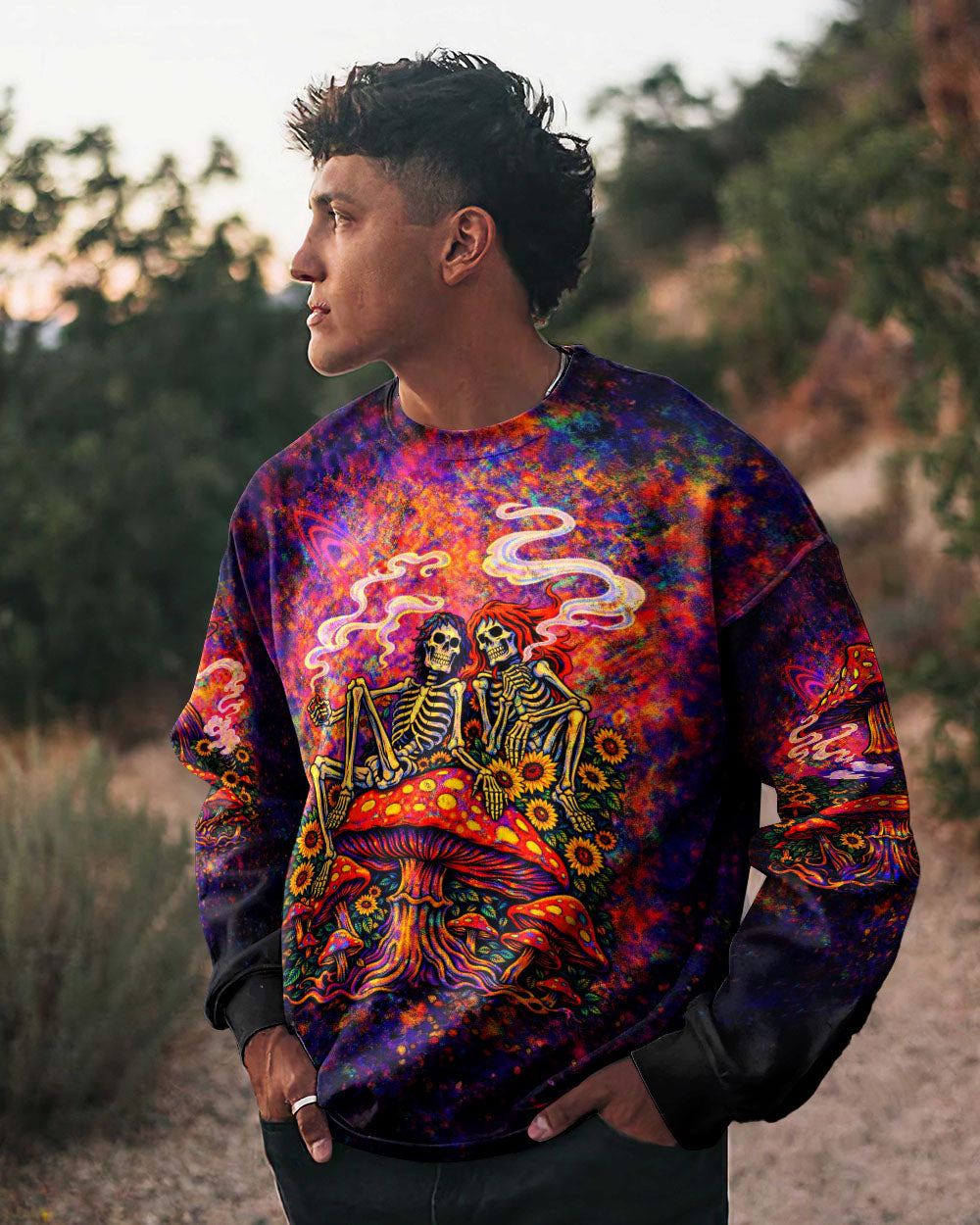 PSYCHEDELIC SKELETON SUNFLOWER MUSHROOM ALL OVER PRINT  - TLTW2104261