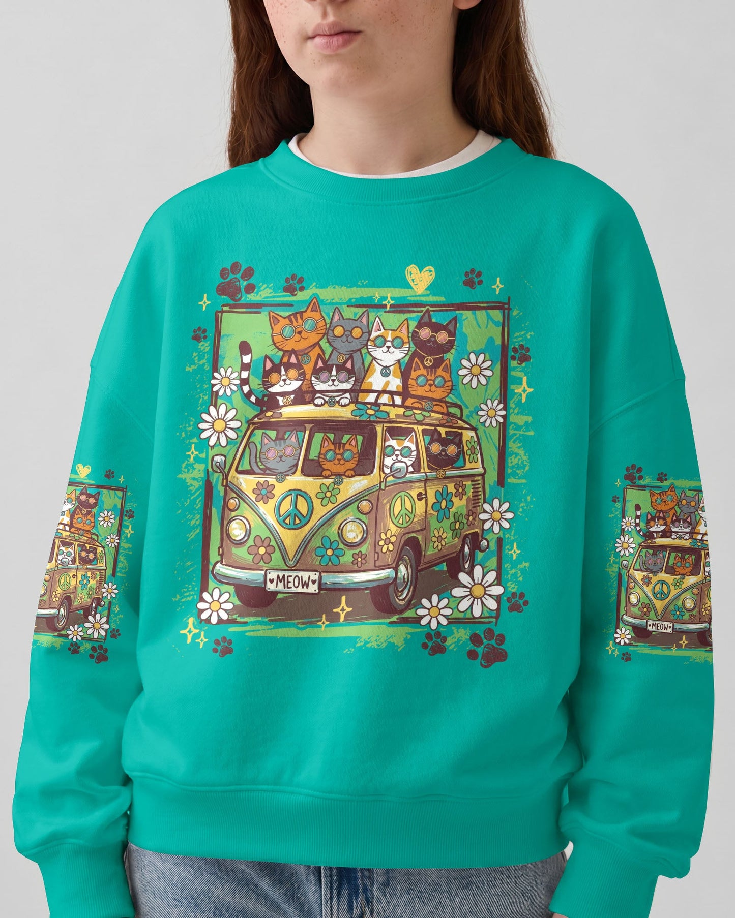 PEACE LOVE AND MEOW CATS KIDS ALL OVER PRINT - TY0707262