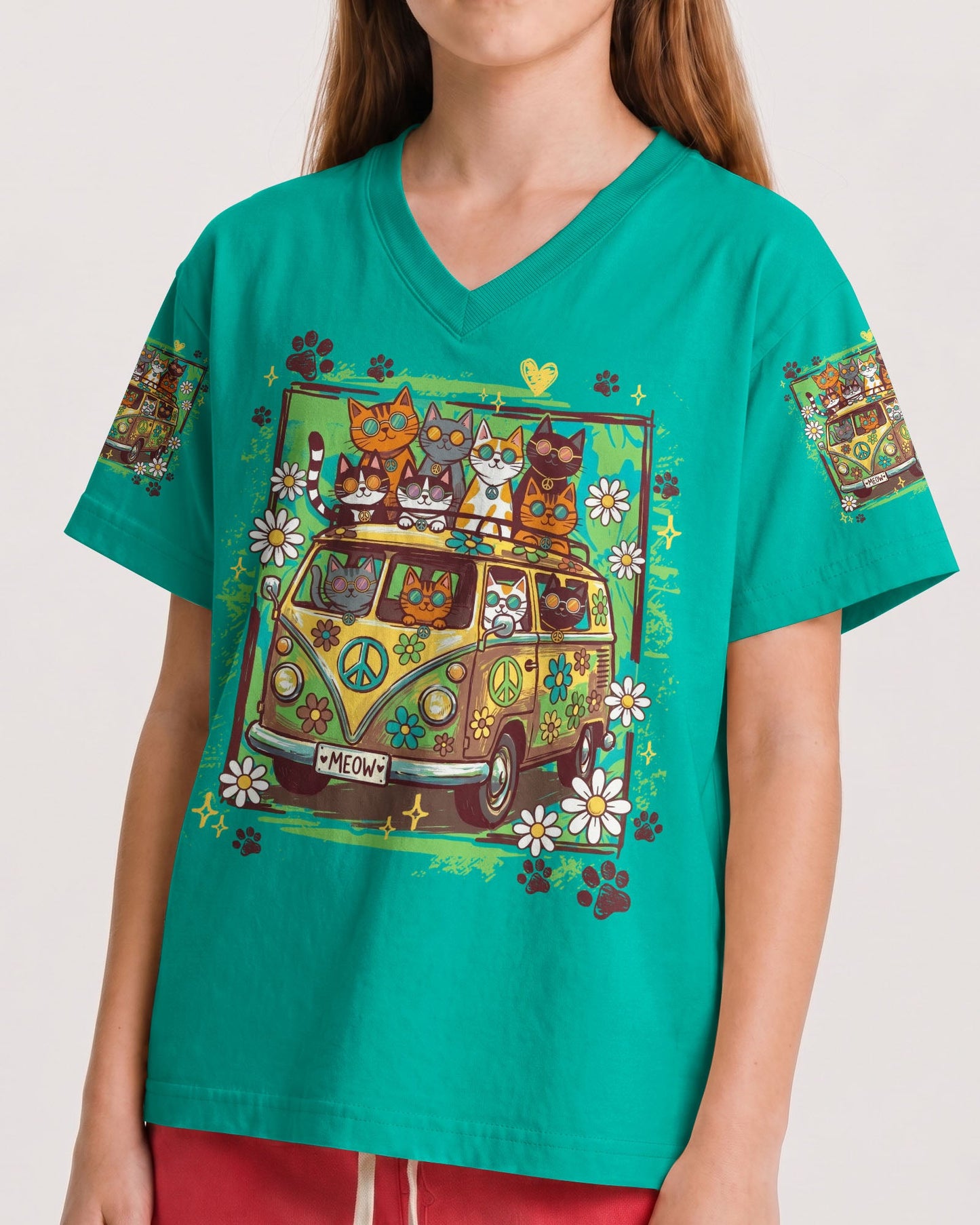 PEACE LOVE AND MEOW CATS KIDS ALL OVER PRINT - TY0707262