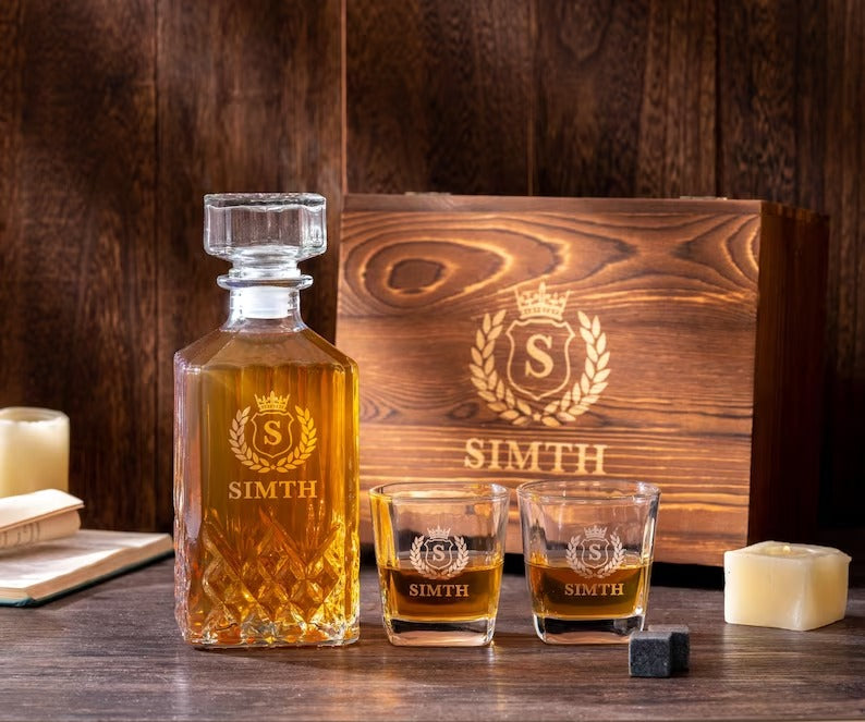 Personalized Whiskey Glass Set with Wooden Box