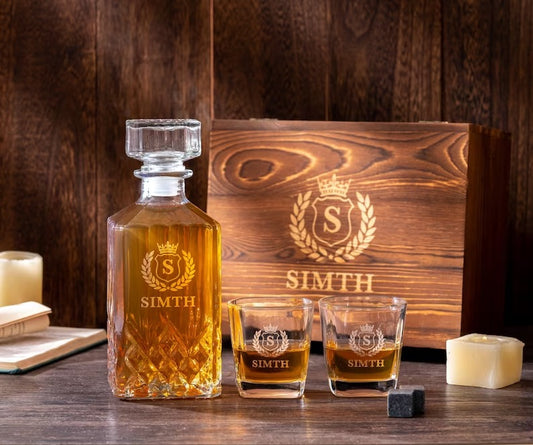 Personalized Whiskey Glass Set with Wooden Box
