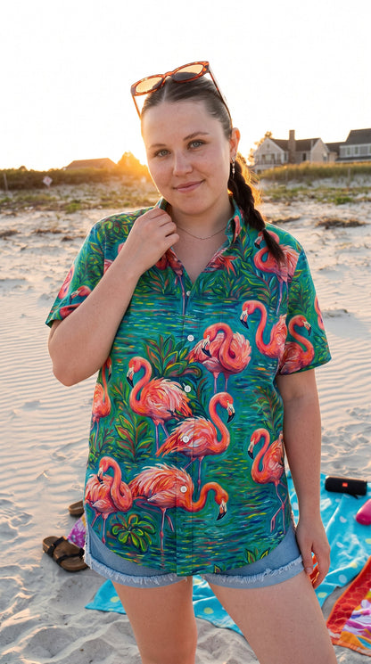 FLAMINGO ART PATTERN BUTTON-DOWN COLLAR SHIRT - TLHG1906262
