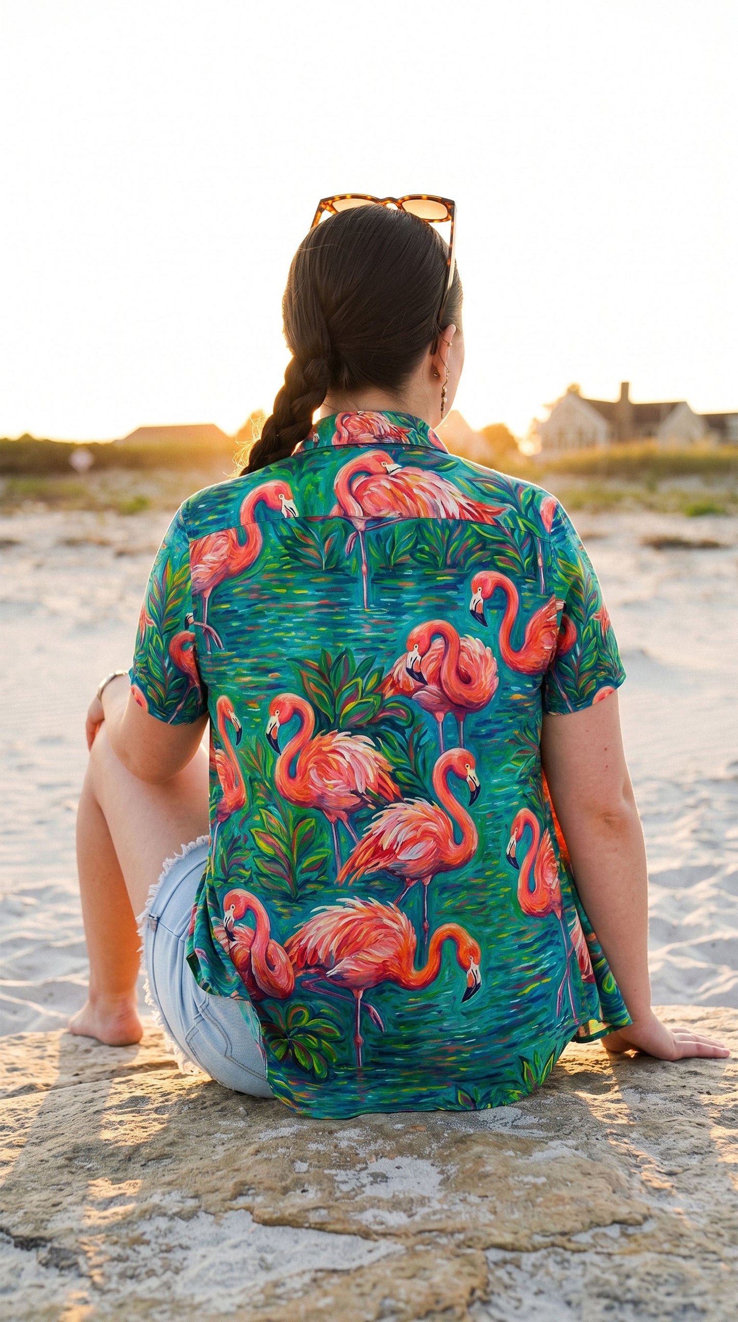 FLAMINGO ART PATTERN BUTTON-DOWN COLLAR SHIRT - TLHG1906262