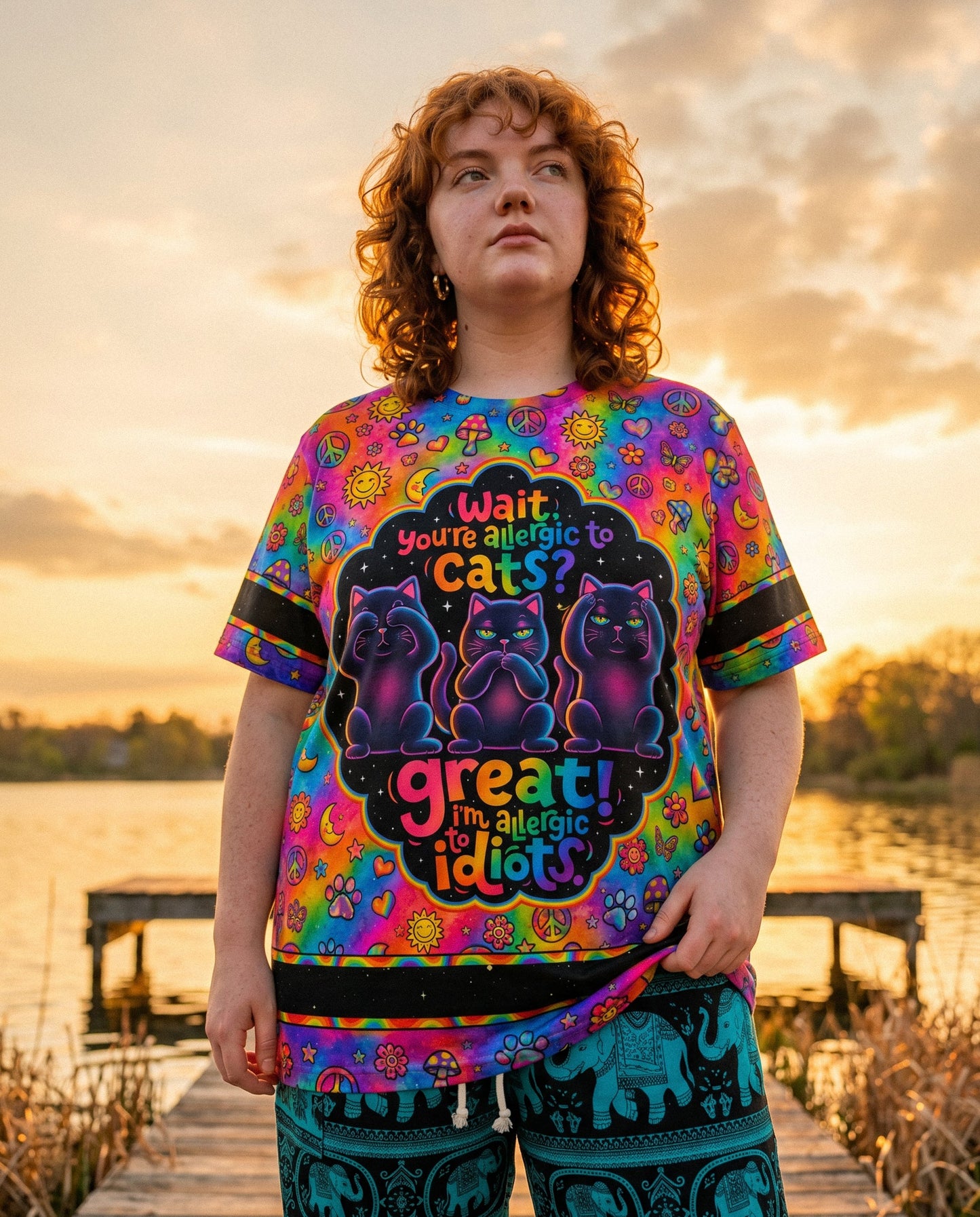 ALLERGIC TO IDIOTS THREE WISE CATS  PSYCHEDELIC ALL OVER PRINT - KMTM2206261