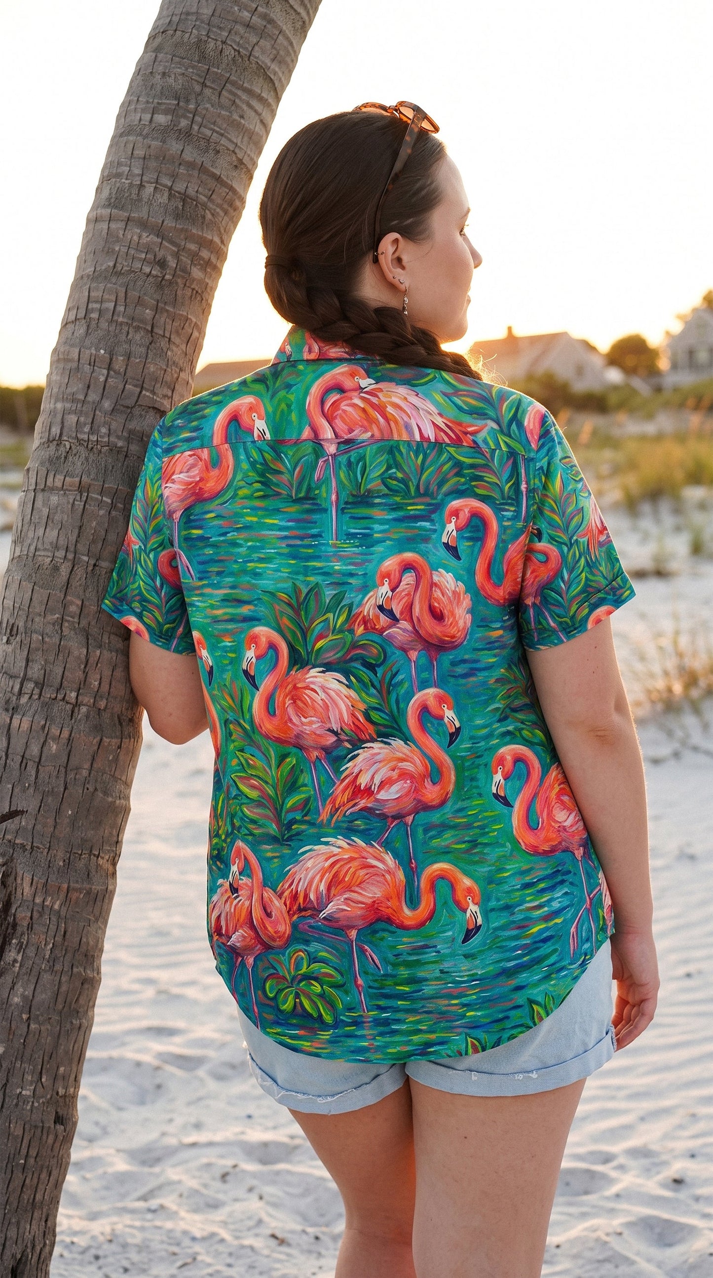 FLAMINGO ART PATTERN BUTTON-DOWN COLLAR SHIRT - TLHG1906262