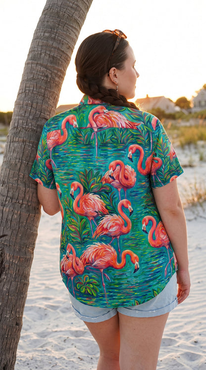FLAMINGO ART PATTERN BUTTON-DOWN COLLAR SHIRT - TLHG1906262