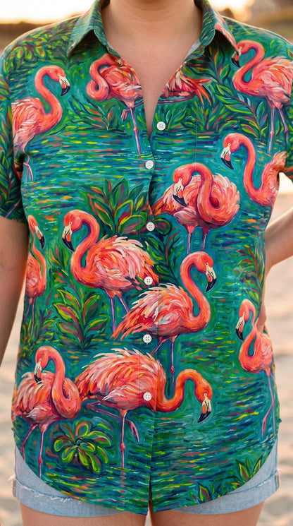 FLAMINGO ART PATTERN BUTTON-DOWN COLLAR SHIRT - TLHG1906262