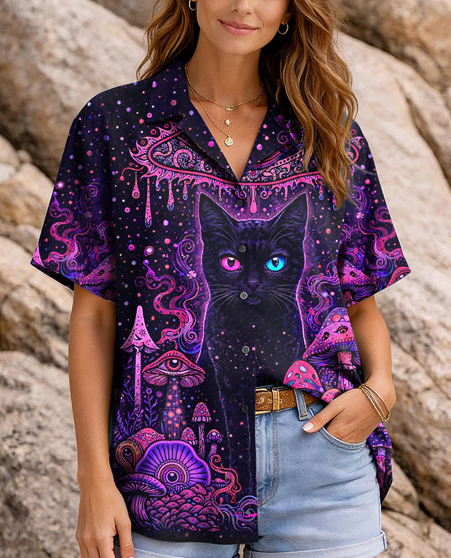 PSYCHEDELIC EYES MUSHROOM BLACK CAT CAMP SHIRT   - TLHG0604262