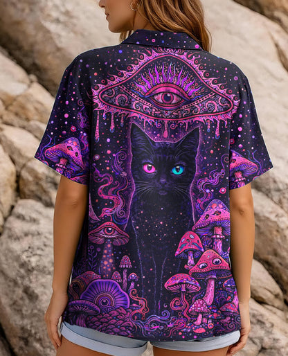 PSYCHEDELIC EYES MUSHROOM BLACK CAT CAMP SHIRT   - TLHG0604262