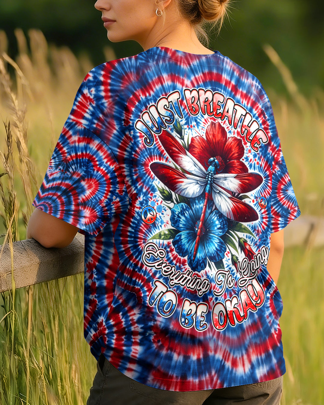 JUST BREATHE DRAGONFLY RED WHITE & BLUE SWIRL ALL OVER PRINT - TLHG0304262