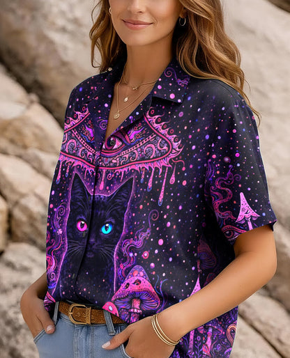 PSYCHEDELIC EYES MUSHROOM BLACK CAT CAMP SHIRT   - TLHG0604262