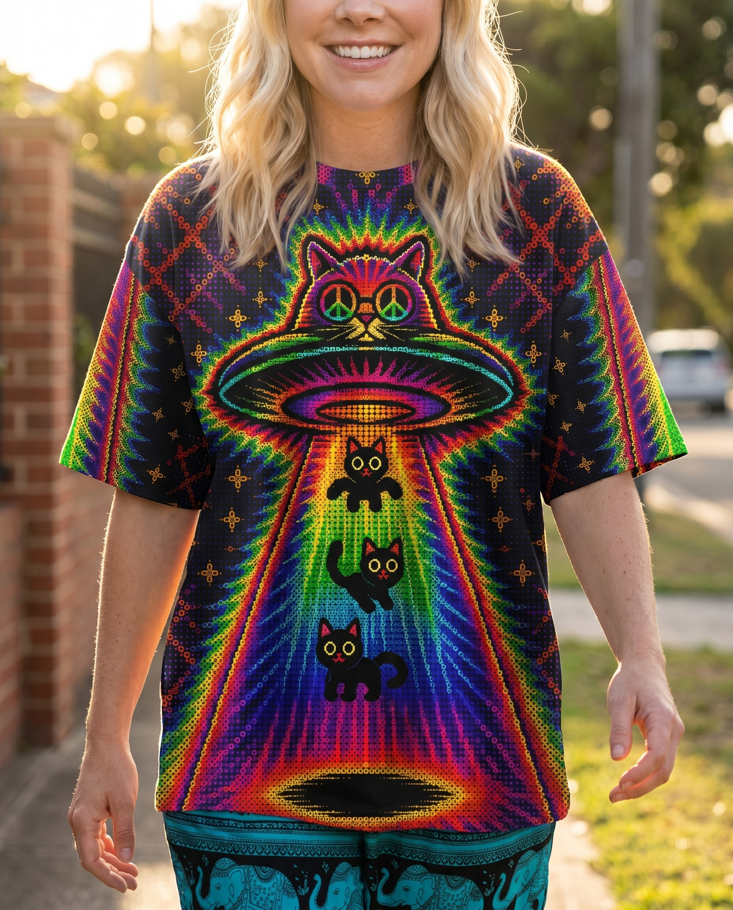 COSMIC CAT ABDUCTION PSYCHEDELIC RAINBOW BEAM ALL OVER PRINT - KMTM0805261
