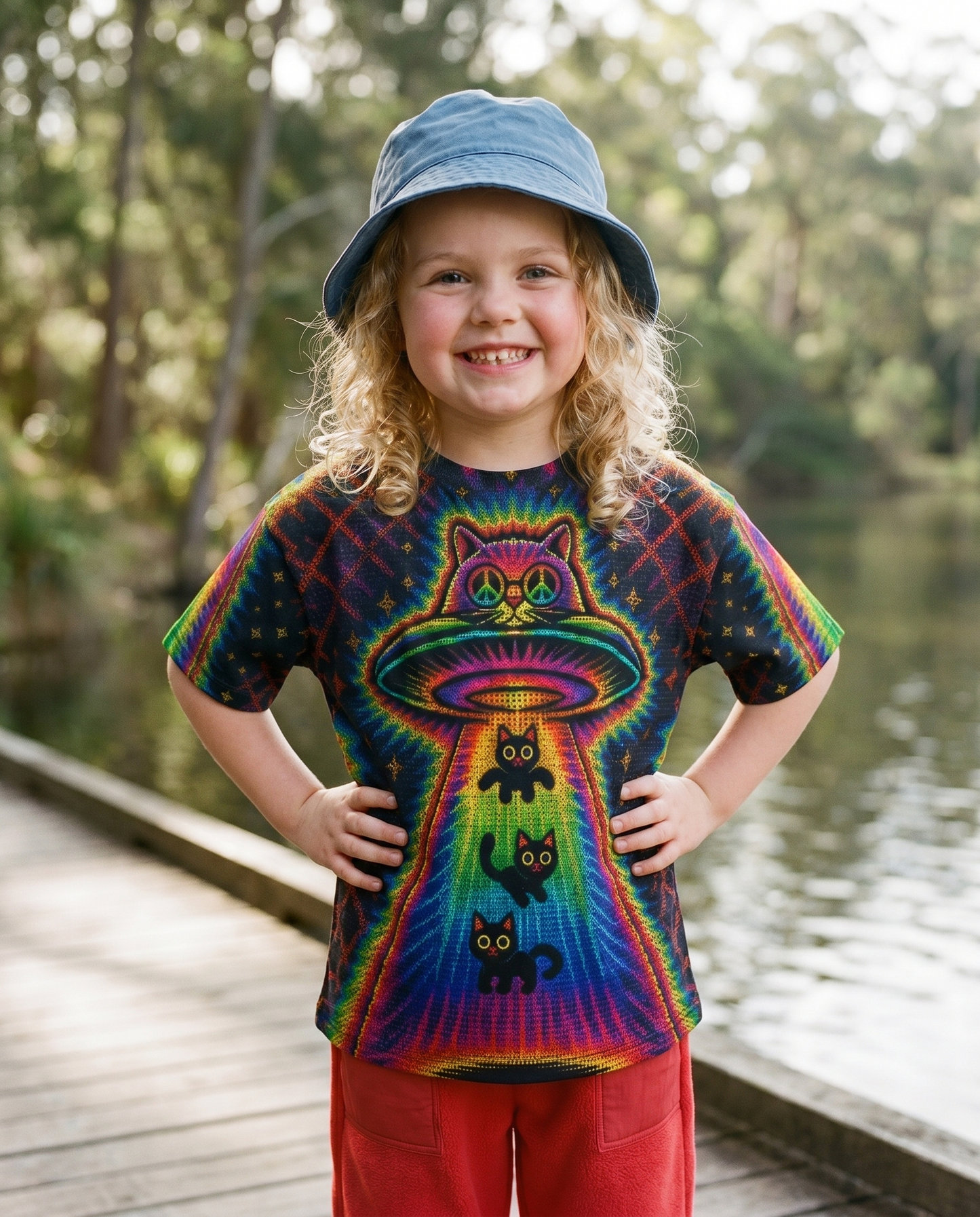 COSMIC CAT ABDUCTION PSYCHEDELIC RAINBOW BEAM  KIDS ALL OVER PRINT - KMTM1006261