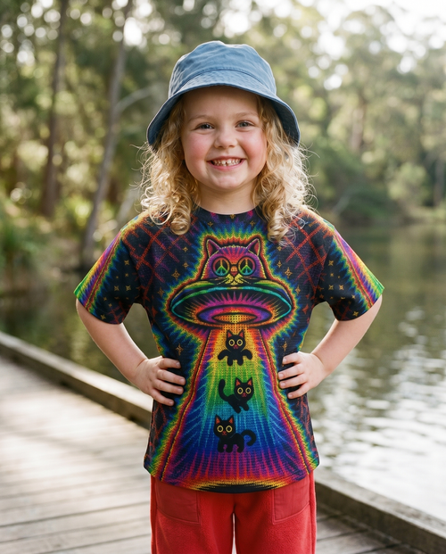 COSMIC CAT ABDUCTION PSYCHEDELIC RAINBOW BEAM  KIDS ALL OVER PRINT - KMTM1006261