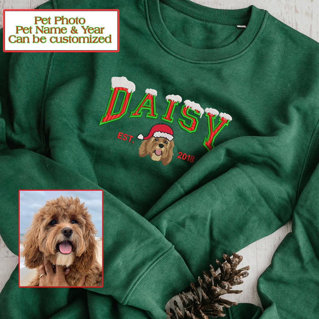 Personalized Embroidered Christmas Pet Dog Cat Photo Name Year Hoodie Sweatshirt T-Shirt