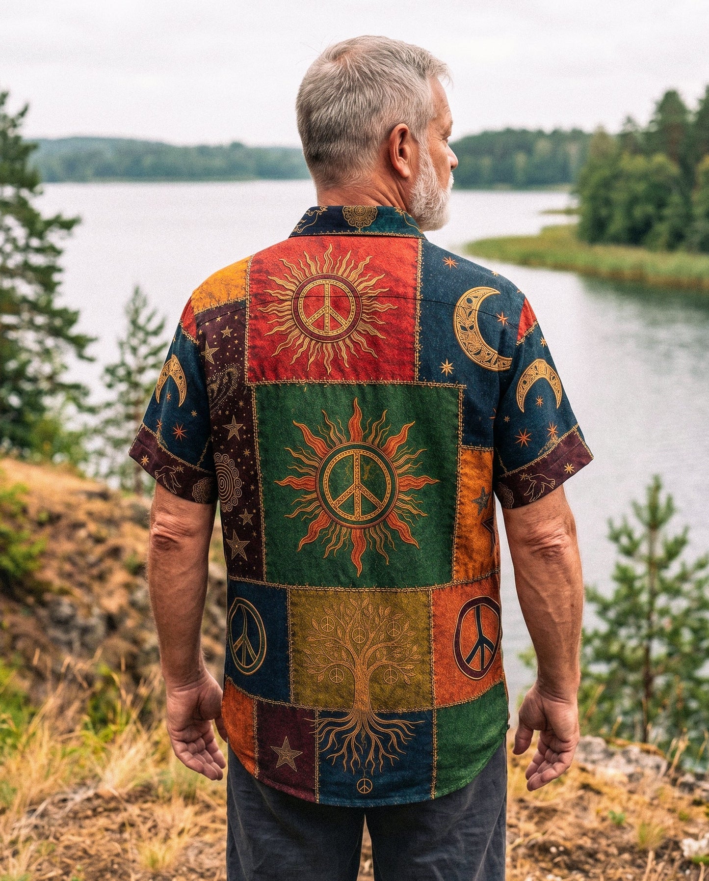 BOHO PEACE SYMBOL VINTAGE BUTTON-DOWN COLLAR SHIRT - KMTM0106261