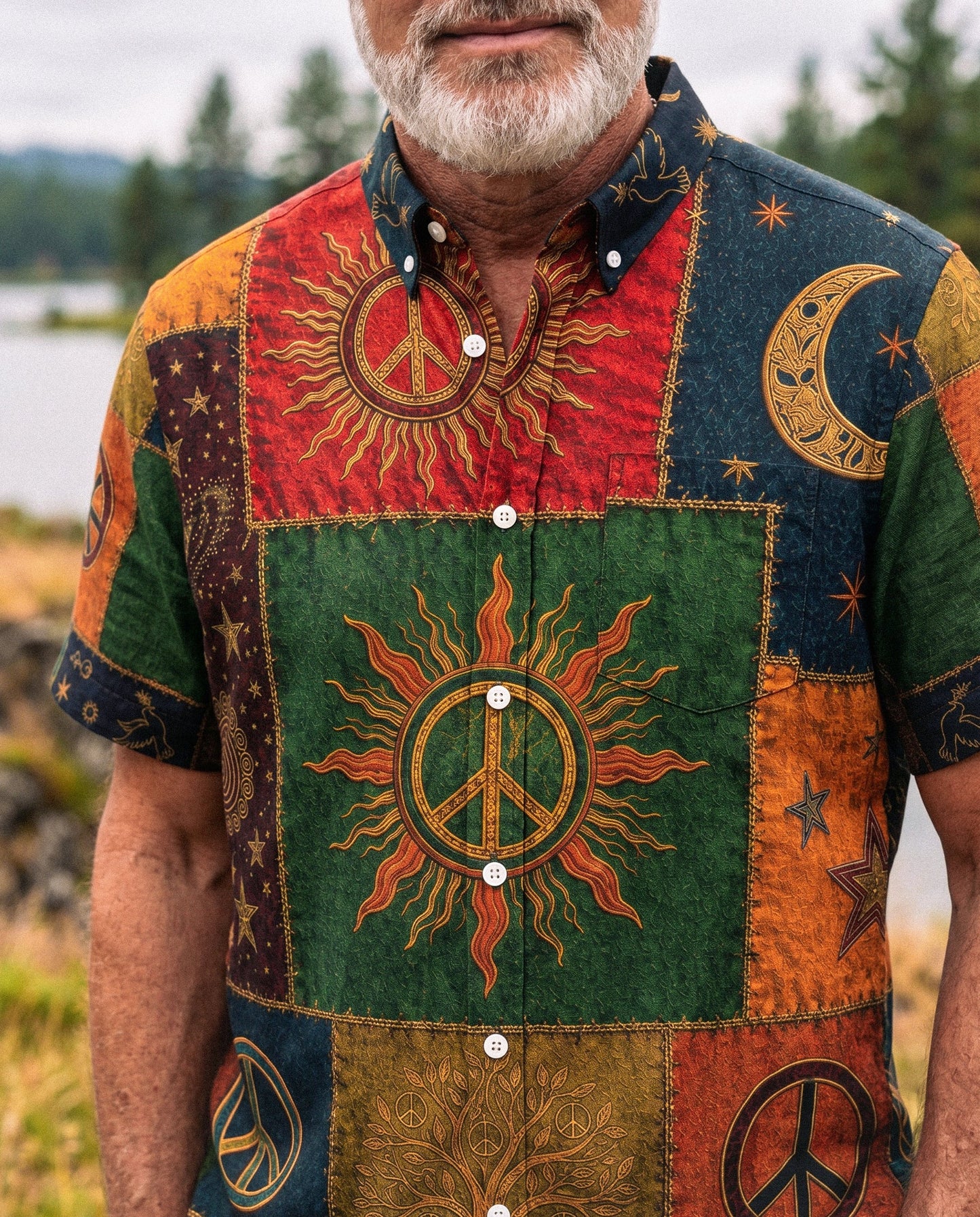 BOHO PEACE SYMBOL VINTAGE BUTTON-DOWN COLLAR SHIRT - KMTM0106261
