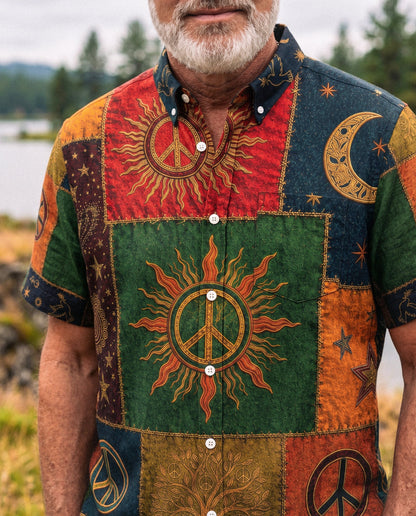 BOHO PEACE SYMBOL VINTAGE BUTTON-DOWN COLLAR SHIRT - KMTM0106261