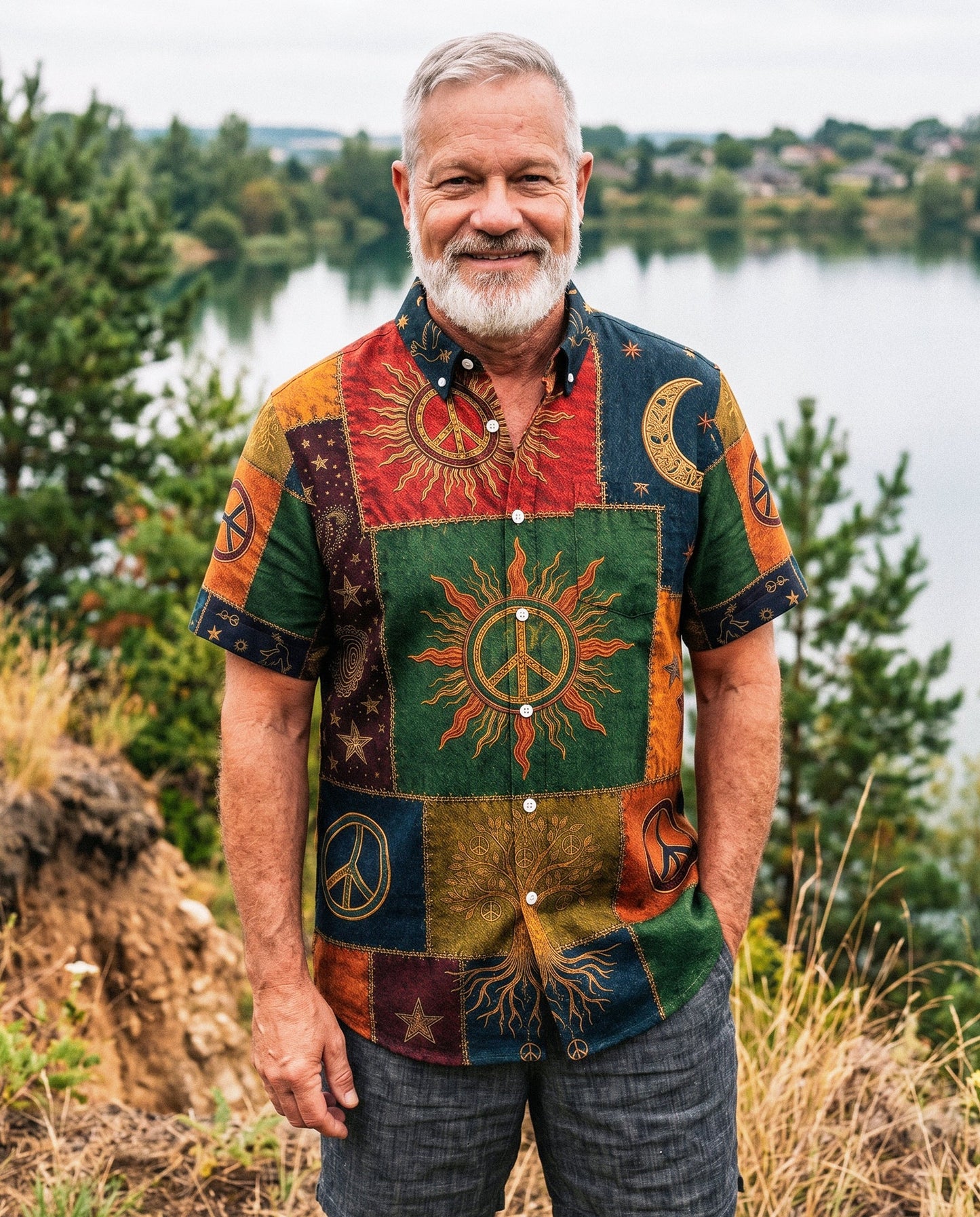 BOHO PEACE SYMBOL VINTAGE BUTTON-DOWN COLLAR SHIRT - KMTM0106261