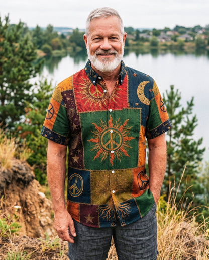 BOHO PEACE SYMBOL VINTAGE BUTTON-DOWN COLLAR SHIRT - KMTM0106261