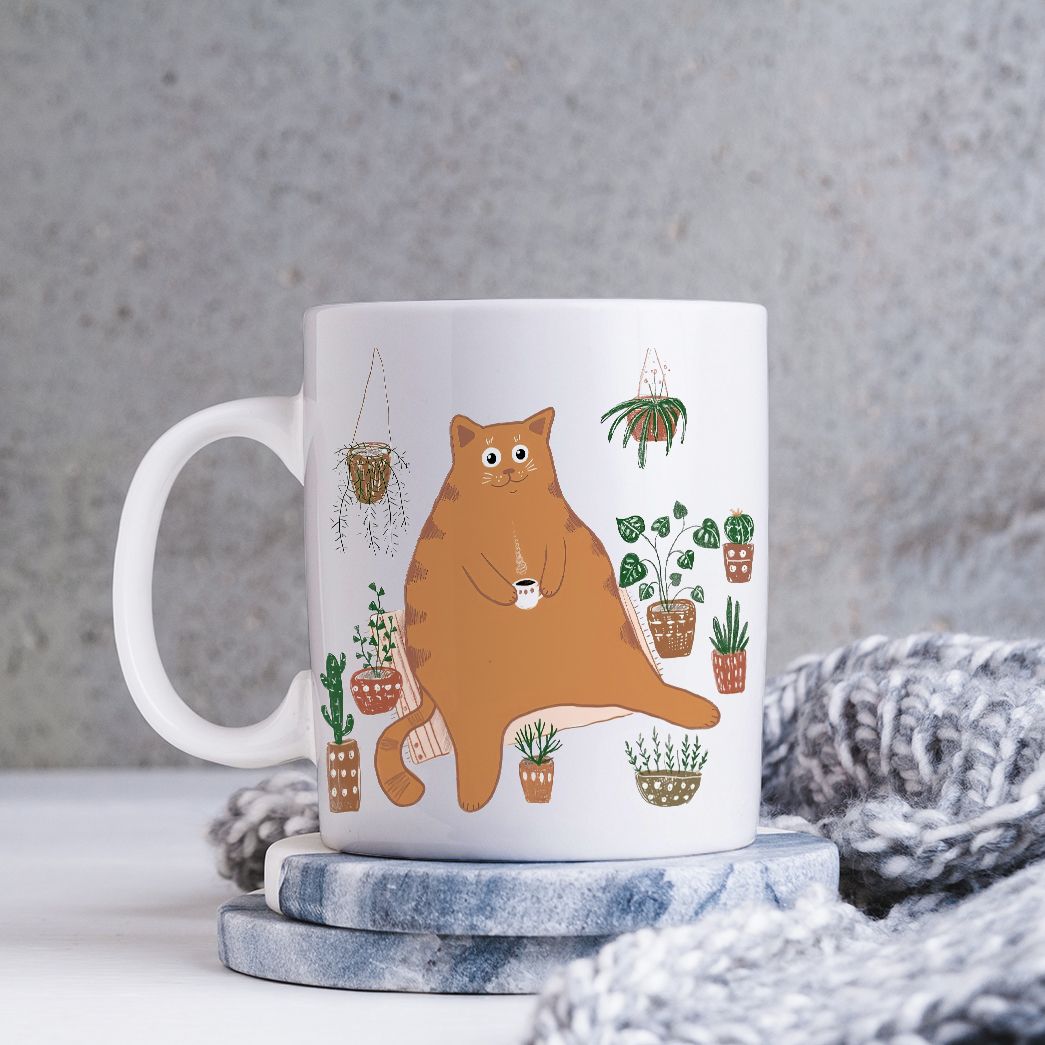 Cute Orange Cat With Plants Coffee Mug