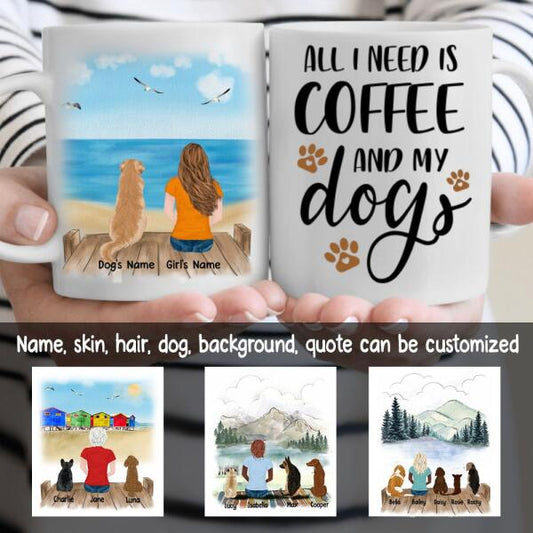 Girl and Dogs Personalized Mug - Name, skin, hair, dog, background, quote can be customized