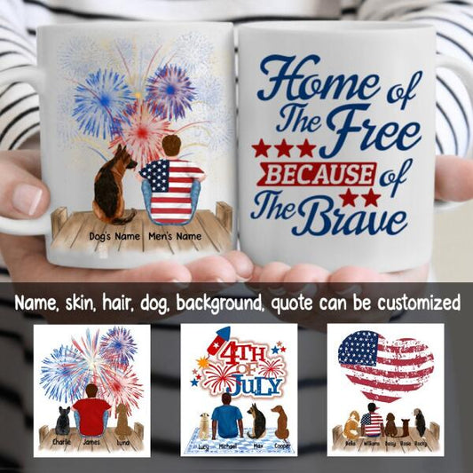 Man And Dogs Fourth Of July Personalized Mug - Name, Skin, Hair, Dog, Background, Quote can be customized