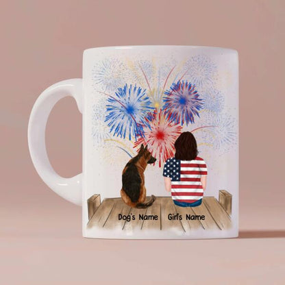 Girl And Dogs 4th Of July US Independence Day Personalized Mug - Name, Skin, Hair, Dog, Background, Quote can be customized