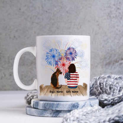Girl And Dogs 4th Of July US Independence Day Personalized Mug - Name, Skin, Hair, Dog, Background, Quote can be customized