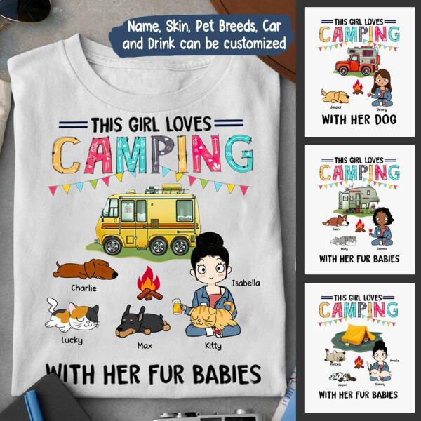 This Girl Loves Camping With Her Fur Babies Personalized Graphic Apparel - Car, Skin, Hair, Drink, Pets And Name can be customized