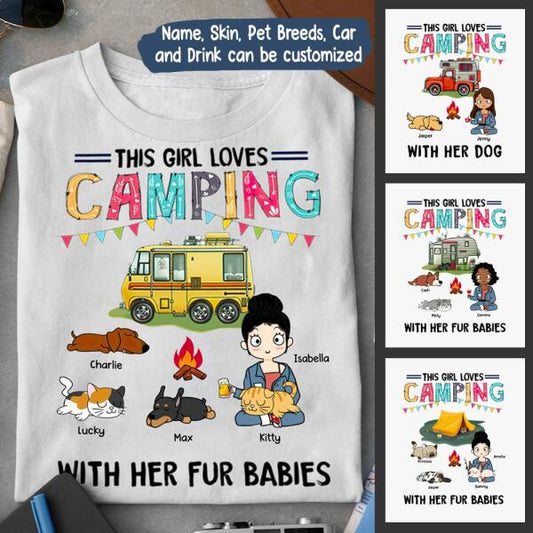 This Girl Loves Camping With Her Fur Babies Personalized Graphic Apparel - Car, Skin, Hair, Drink, Pets And Name can be customized