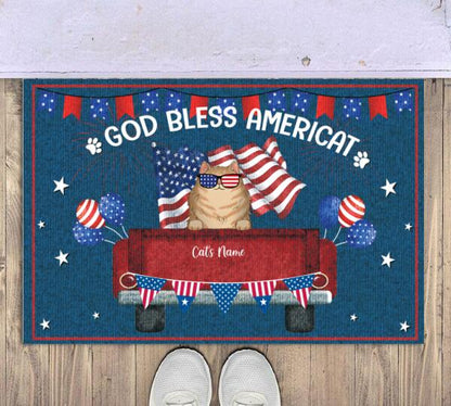 God Bless Americat Cat Personalized Doormat - Cat And Name can be customized