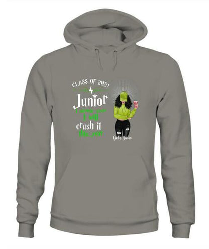 Senior Crash It This Year Personalized Graphic Apparel - Year, Title, Quote, Skin, Hair, Top, Jeans and Drink can be customized