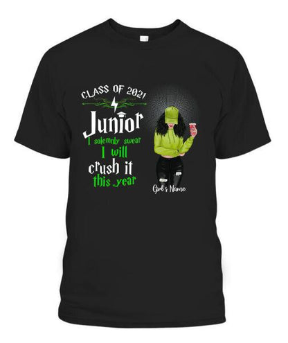 Senior Crash It This Year Personalized Graphic Apparel - Year, Title, Quote, Skin, Hair, Top, Jeans and Drink can be customized