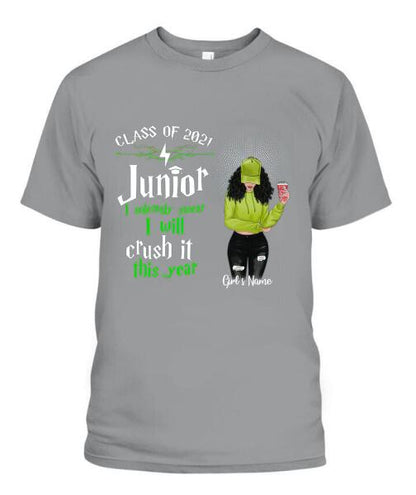 Senior Crash It This Year Personalized Graphic Apparel - Year, Title, Quote, Skin, Hair, Top, Jeans and Drink can be customized