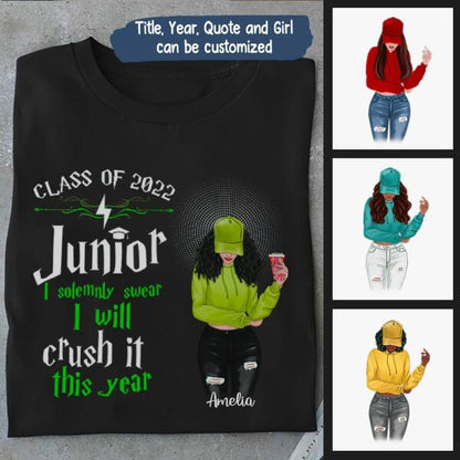 Senior Crash It This Year Personalized Graphic Apparel - Year, Title, Quote, Skin, Hair, Top, Jeans and Drink can be customized