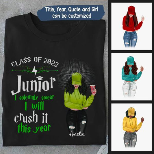 Senior Crash It This Year Personalized Graphic Apparel - Year, Title, Quote, Skin, Hair, Top, Jeans and Drink can be customized