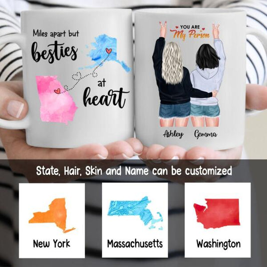 Miles Apart Besties At Heart Long Distance Relationship Coffee Mug - State, Hair, Skin and Name can be customized