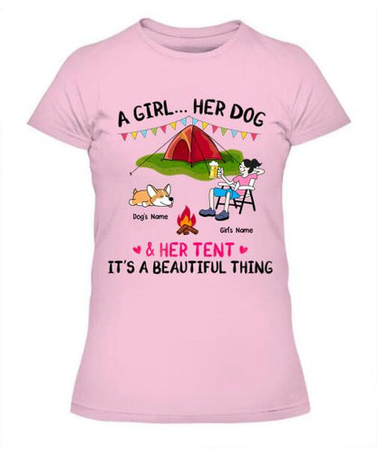 A Camping Girl And Her Fur Babies Personalized Graphic Apparel - Car, Skin, Hair, Drink, Pets And Name can be customized
