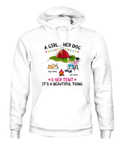 A Camping Girl And Her Fur Babies Personalized Graphic Apparel - Car, Skin, Hair, Drink, Pets And Name can be customized
