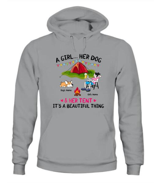 A Camping Girl And Her Fur Babies Personalized Graphic Apparel - Car, Skin, Hair, Drink, Pets And Name can be customized