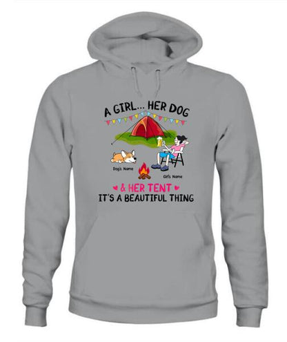 A Camping Girl And Her Fur Babies Personalized Graphic Apparel - Car, Skin, Hair, Drink, Pets And Name can be customized
