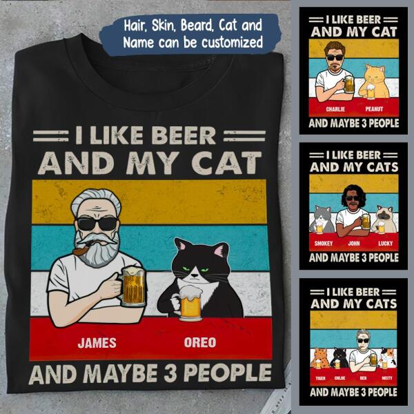 The Old Man And Cat Drinking Beer Personalized Graphic Apparel - Hair, Skin, Beard, Name, Cat can be customized