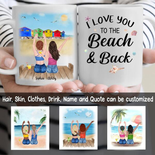 Besties Summer Beach Personalized Coffee Mug - Skin, Hair, Clothes, Drink, Name, Background and Quote can be customized