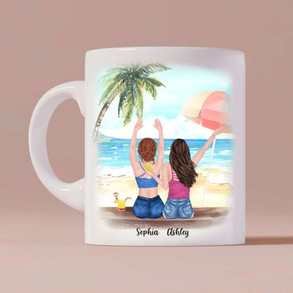 Besties Summer Beach Personalized Coffee Mug - Skin, Hair, Clothes, Drink, Name, Background and Quote can be customized