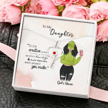 To My Daughter Personalized Necklace With Personalized Message Card (9 Necklace Designs) - Name, Skin, Hair, Clothes, Drink, Background and Quote can be customized