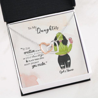 To My Daughter Personalized Necklace With Personalized Message Card (9 Necklace Designs) - Name, Skin, Hair, Clothes, Drink, Background and Quote can be customized