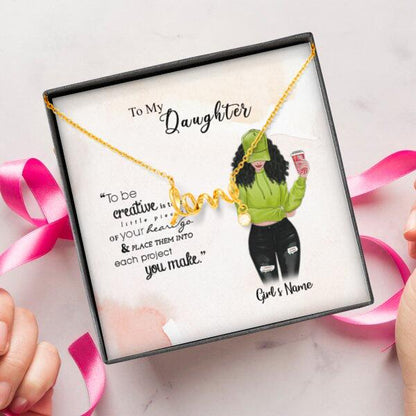 To My Daughter Personalized Necklace With Personalized Message Card (9 Necklace Designs) - Name, Skin, Hair, Clothes, Drink, Background and Quote can be customized