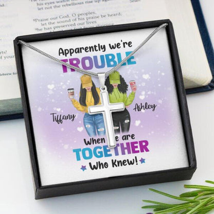 Besties Apparently We're Trouble Necklace With Personalized Message Card (9 Necklace Designs) - Name, Skin, Hair, Clothes, Drink, Background and Quote can be customized