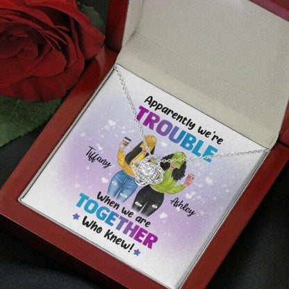 Besties Apparently We're Trouble Necklace With Personalized Message Card (9 Necklace Designs) - Name, Skin, Hair, Clothes, Drink, Background and Quote can be customized